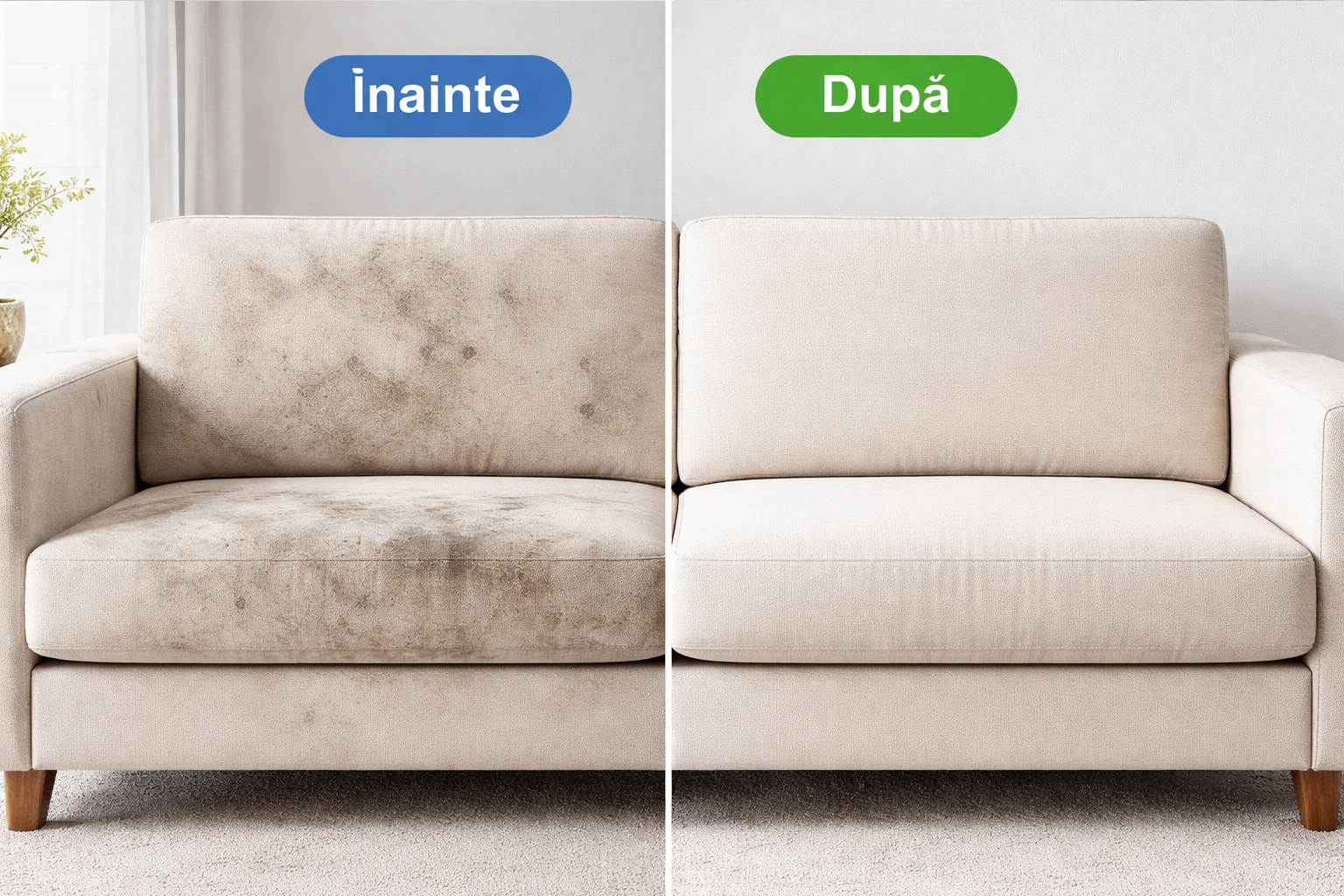 Curatare canapea inainte si dupa pentru canapea deschisa la culoare, exemplu 1