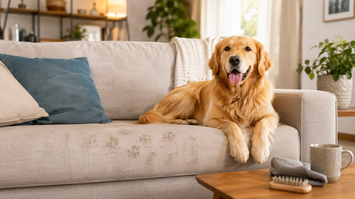 canapea cu urme de animal de companie si par pe tapiterie